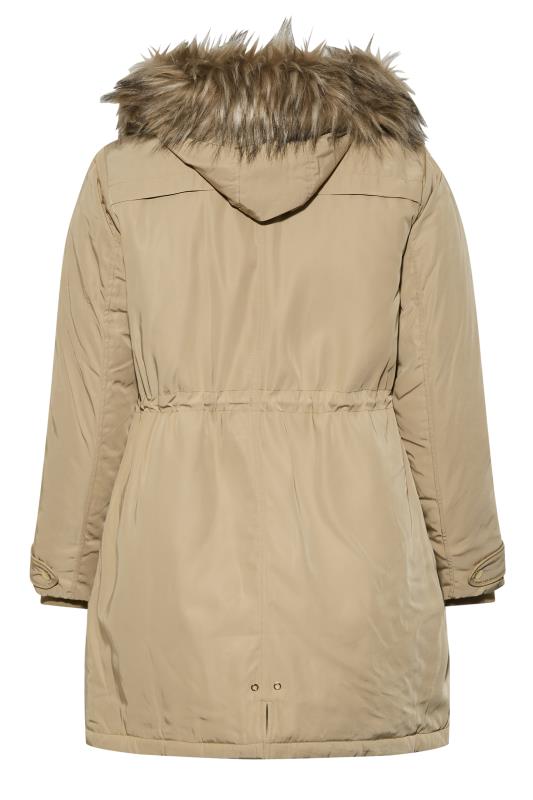Plus Size Natural Brown Plush Fur Trim Parka Coat | Yours Clothing 7