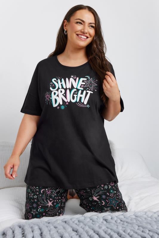 YOURS Plus Size Black 'Shine Bright' Wide Leg Pyjama Set | Yours Clothing 4