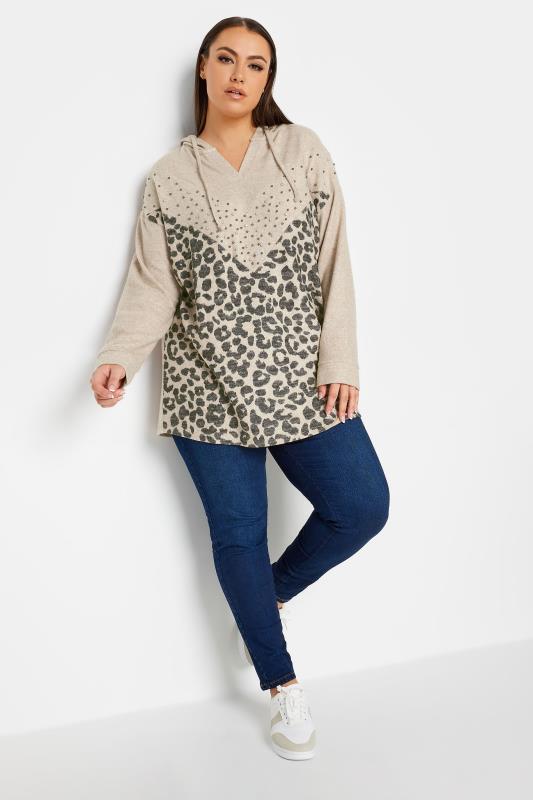 YOURS Plus Size Beige Brown Leopard Print Stud Hoodie | Yours Clothing 2