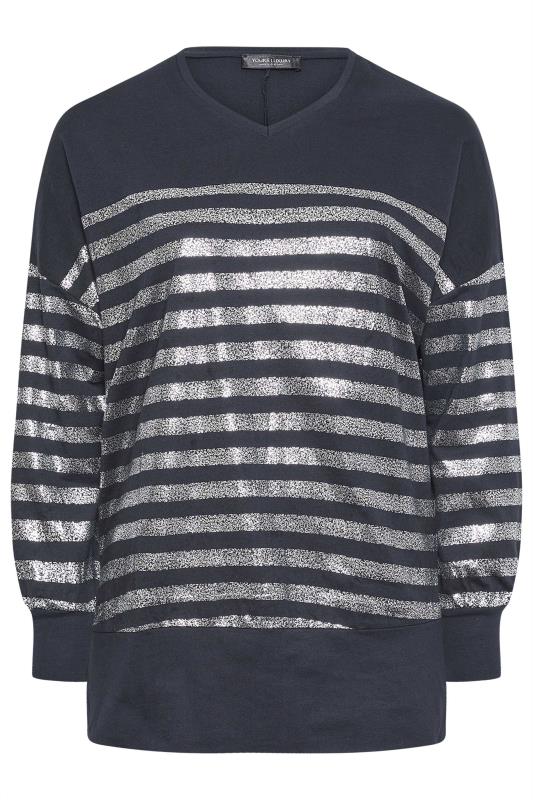 YOURS LUXURY Navy Blue Metallic Wide Stripe Top | Yours Clothing 5