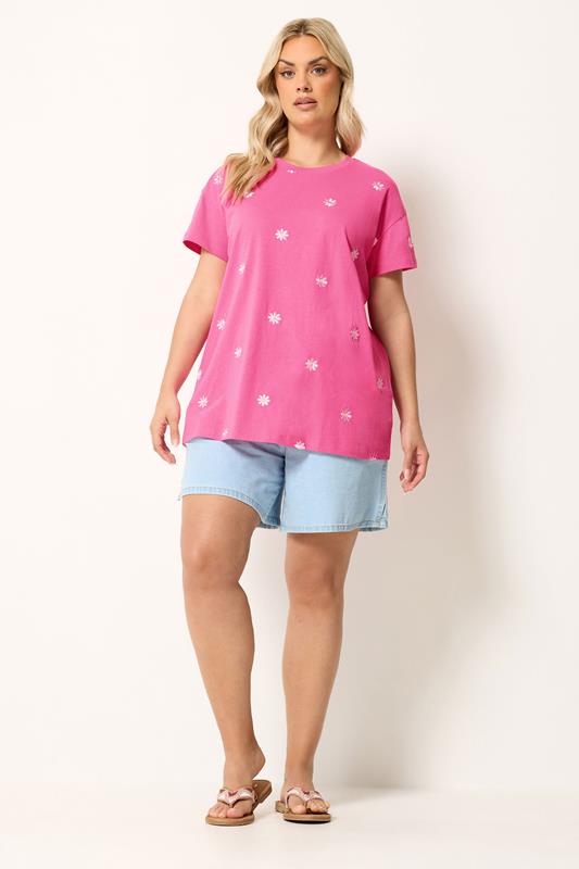 YOURS Plus Size Pink Embroidered Daisy Short Sleeve T-Shirt | Yours Clothing 2