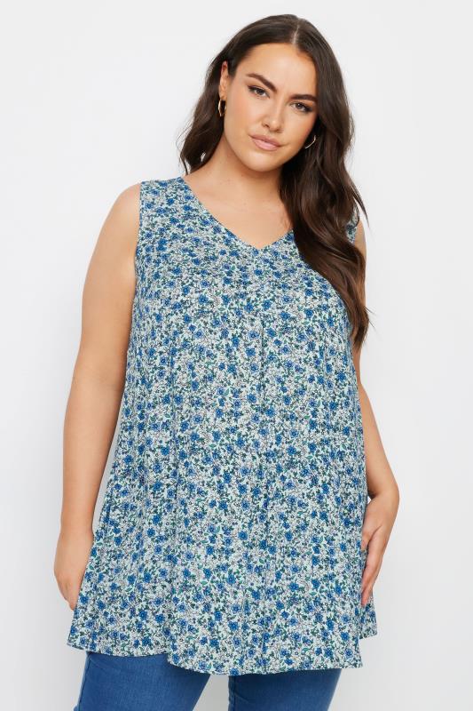 YOURS Plus Size Blue Floral Print Pleated Vest Top | Yours Clothing 1