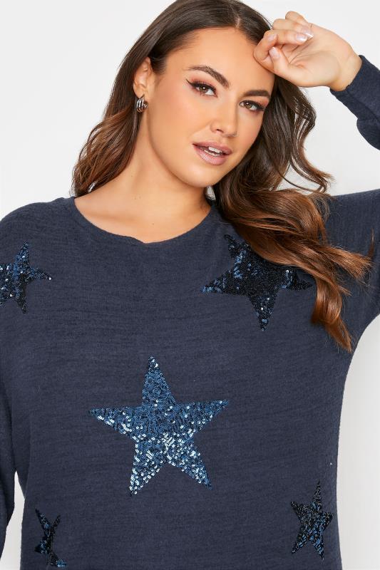 Plus Size Curve Navy Blue Sequin Star Soft Touch Jumper | Yours Clothing  4