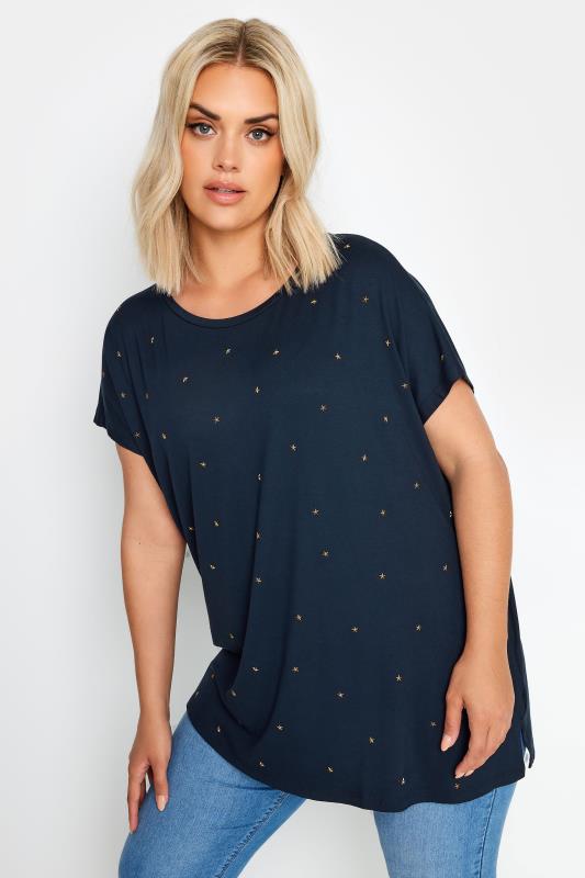 YOURS Plus Size Navy Blue Star Embellished Short Sleeve Top | Yours Clothing 1