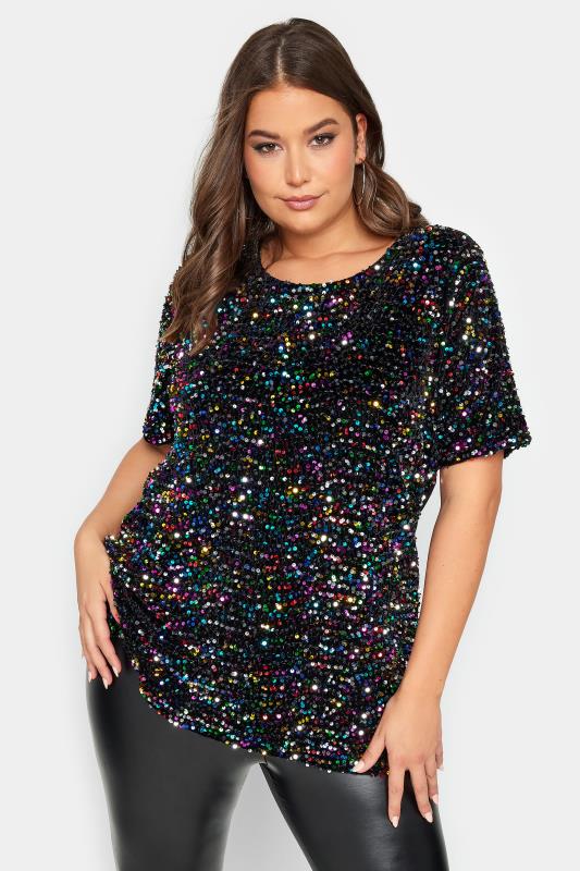 YOURS LONDON Plus Size Black Rainbow Sequin Embellished T-Shirt | Yours Clothing 1