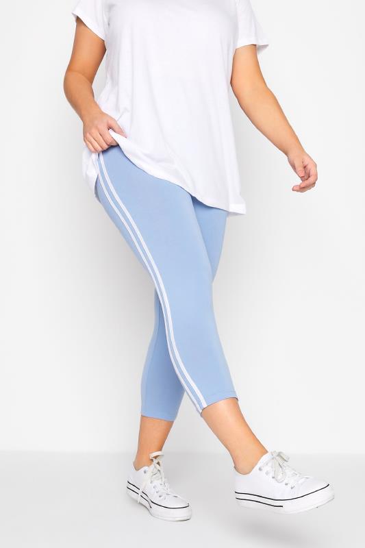 Plus Size Light Blue Double Side Stripe Stretch Cropped Leggings | Yours Clothing 1
