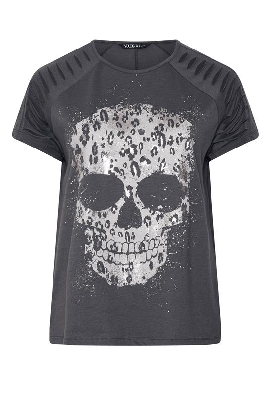 YOURS Plus Size Grey Skull Print Laser Cut T-Shirt | Yours Clothing 1