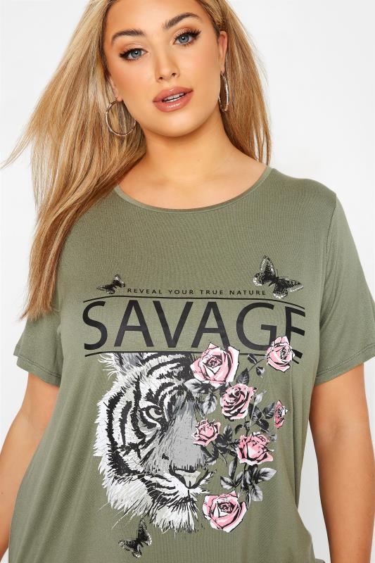 Curve Khaki Green 'Savage' Tiger Graphic Print T-Shirt_C.jpg