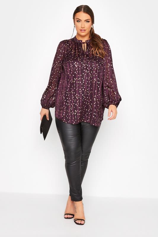 YOURS LONDON Plus Size Purple & Gold Animal Print Ruffle Blouse | Yours Clothing 2