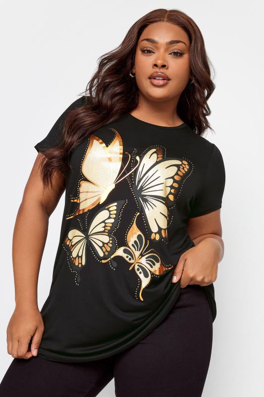 YOURS Plus Size Black Butterfly Print Glitter T-Shirt | Yours Clothing  1
