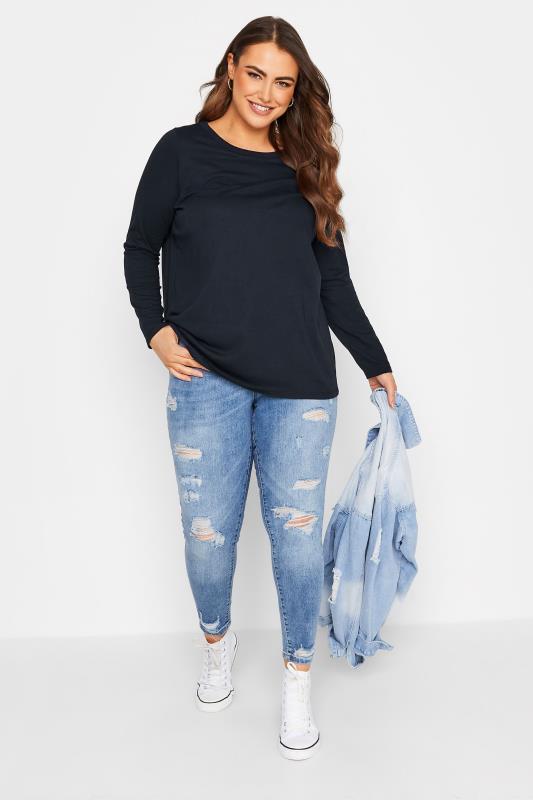 Plus Size Navy Blue Long Sleeve T-Shirt | Yours Clothing 2