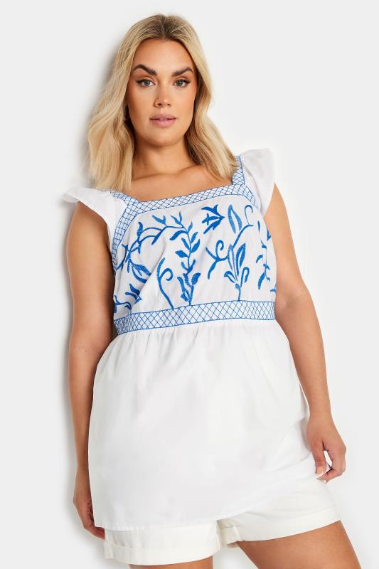 YOURS Plus Size White & Blue Embroidered Peplum Top | Yours Clothing 1