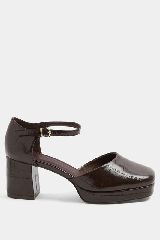 Brown Croc Faux Leather Platform Block Heels In Extra Wide EEE Fit | Yours Clothing 2