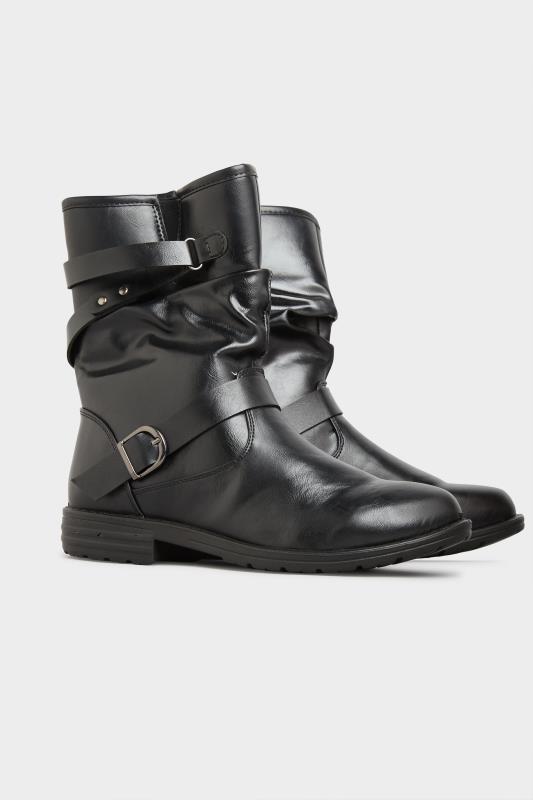 Black Vegan Faux Leather Buckle Detail Boots In Wide E Fit 1