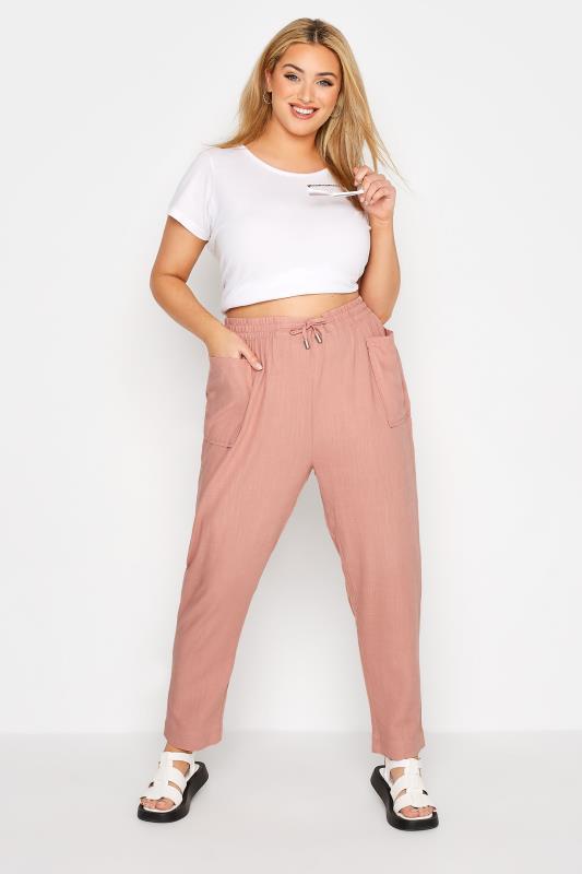 Plus Size Rose Pink Linen Blend Joggers | Yours Clothing  2