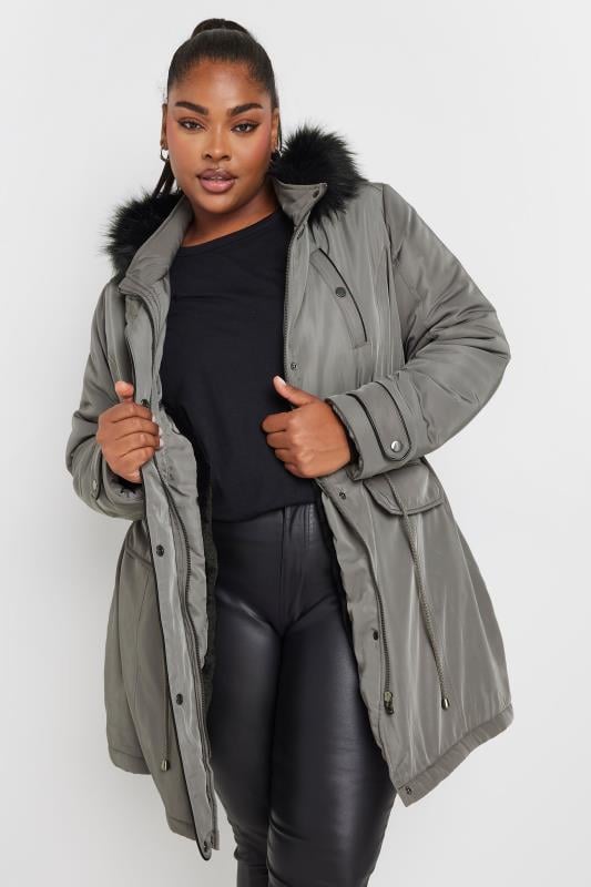 YOURS Plus Size Charcoal Grey Faux Fur Trim Plush Parka Jacket | Yours Clothing 1