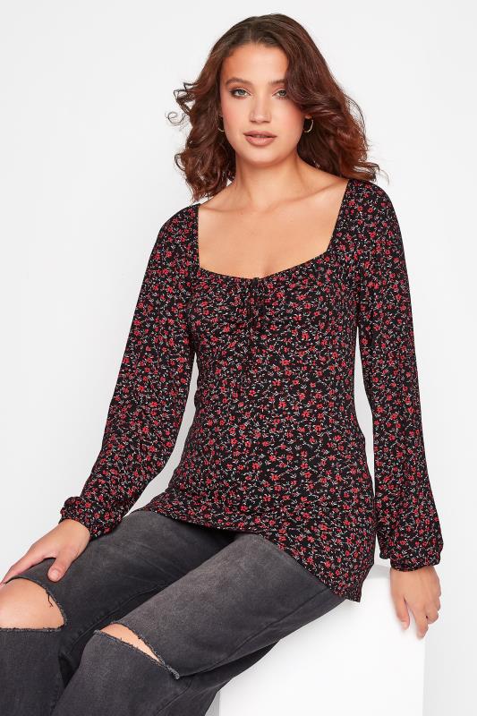 LTS Tall Black & Red Ditsy Print Tie Neck Top 3
