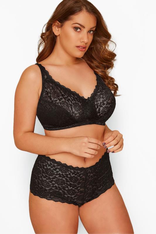 Plus Size Black Hi Shine Lace Non-Padded Non-Wired Full Cup Bra | Yours Clothing 2