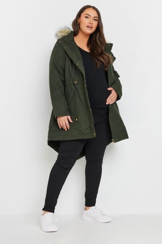 BUMP IT UP MATERNITY Khaki Green Fur Trim Parka | Yours Clothing 3