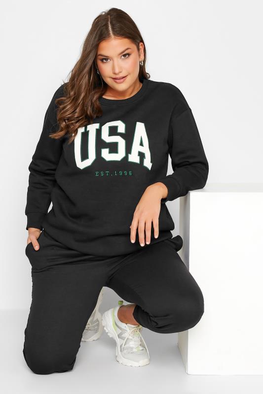 Plus Size Black 'USA' Slogan Sweatshirt | Yours Clothing 2