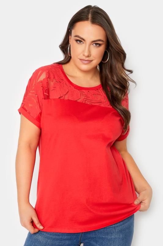 YOURS Plus Size Red Floral Mesh Panel T-Shirt | Yours Clothing 1