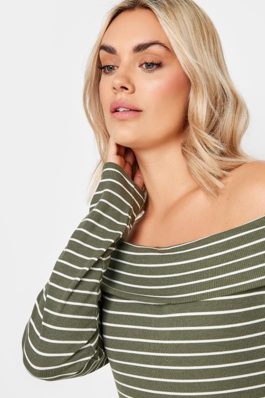 YOURS Plus Size Green Stripe Long Sleeve Bardot Top | Yours Clothing 5