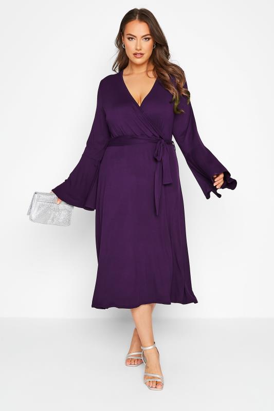 Curve Purple Long Flare Sleeve Wrap Dress 1