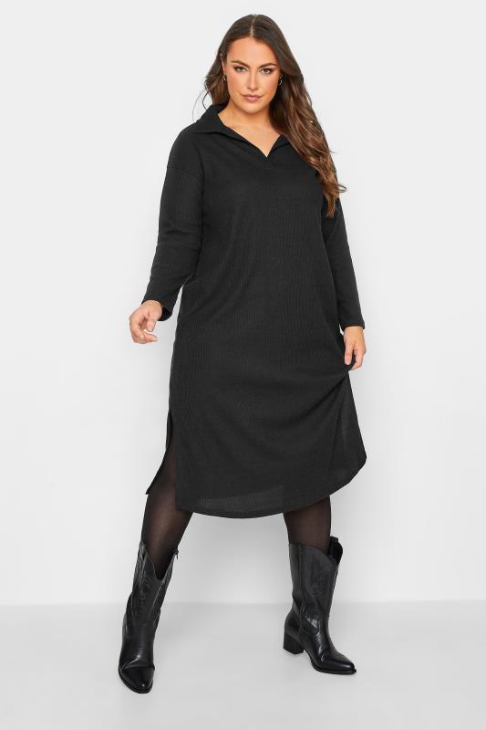 Plus Size Black Soft Touch Open Collar Midi Dress | Yours Clothing  2