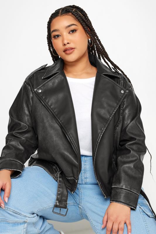 YOURS Plus Size Black Washed Faux Leather Biker Jacket | Yours Clothing 5