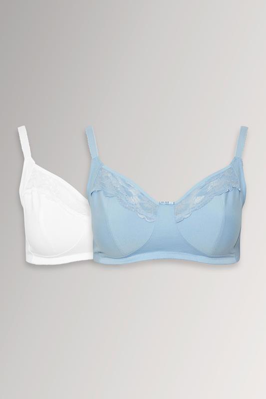  YOURSET 2 PACK Curve Blue & White Cotton Lace Trim Non-Padded Non-Wired Bralettes