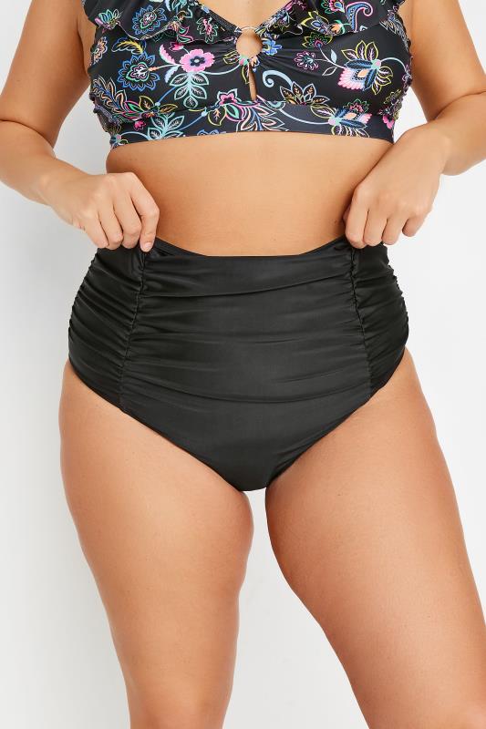 YOURS Plus Size Black Ruched Super High Waisted Tummy Control Bikini Briefs | Yours Clothing 1