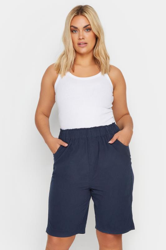 YOURS Plus Size Navy Blue Cool Cotton Shorts | Yours Clothing 1