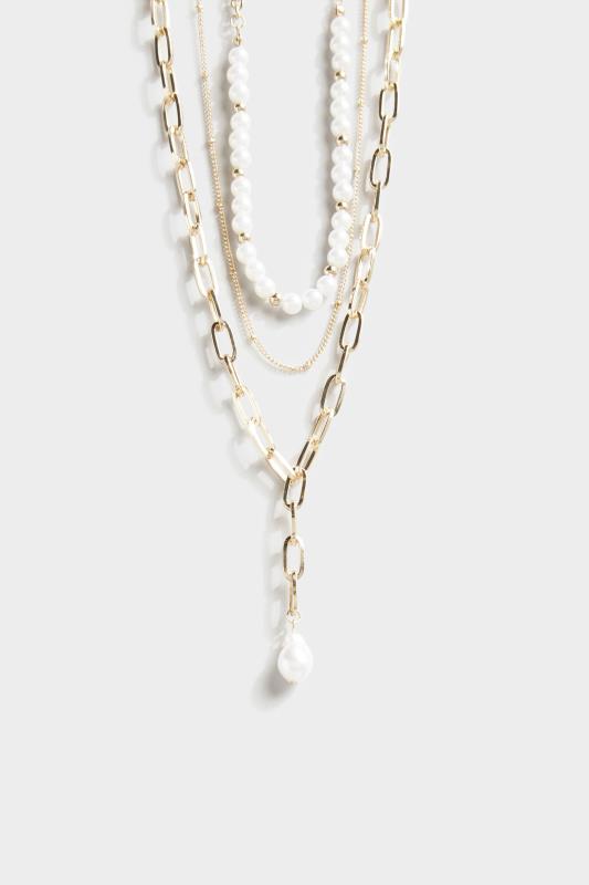 Tall  Yours Gold Tone Triple Chain Pearl Necklace