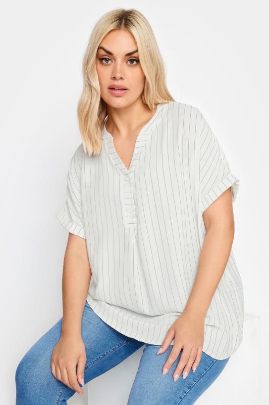 YOURS Curve Plus Size White Half Placket Stripe Blouse | Yours Clothing  1