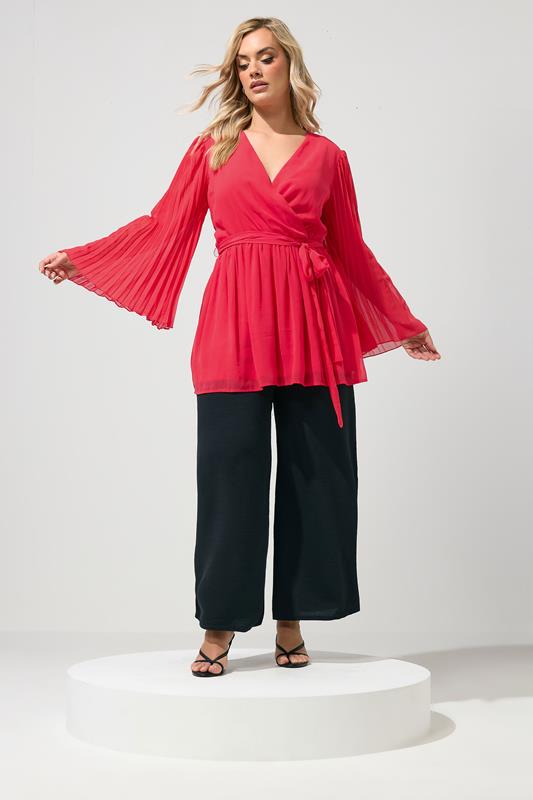YOURS LONDON Plus Size Red Pleat Sleeve Wrap Top | Yours Clothing 1