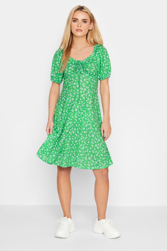 Petite Green Daisy Print Ruched Front Dress | PixieGirl 2