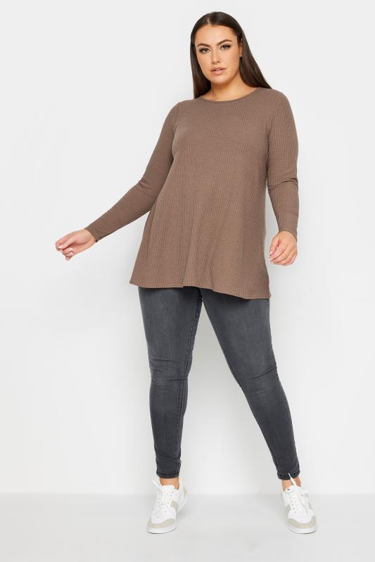 YOURS Plus Size Chocolate Brown Ribbed Swing T-Shirt | Yours Clothing 2