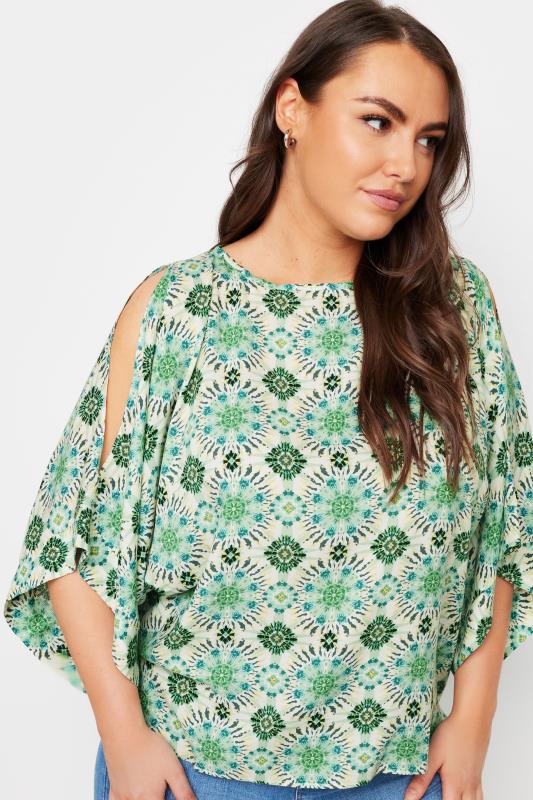 YOURS Plus Size Green Abstract Print Cold Shoulder Blouse | Yours Clothing 4