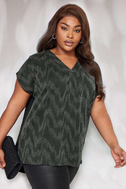 YOURS Plus Size Black Glitter V-Neck Top | Yours Clothing 1