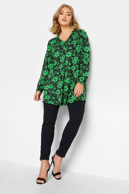 Plus Size Green Long Sleeve Floral Print Swing Top | Yours Clothing 2