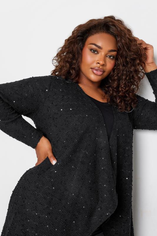 YOURS Plus Size Black Sequin Waterfall Cardigan | Yours Clothing 4
