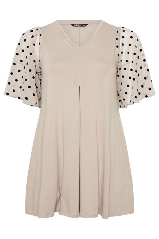 YOURS Plus Size Natural Brown Polka Dot Sleeve Top | Yours Clothing 5