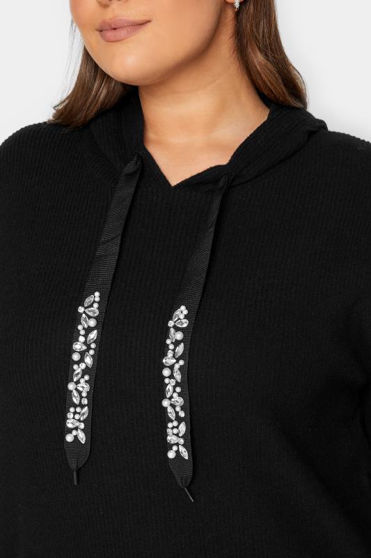 YOURS Plus Size LUXURY Curve Black Sequin Embellished Drawstrings Ribbed Hoodie | Yours Clothing  5