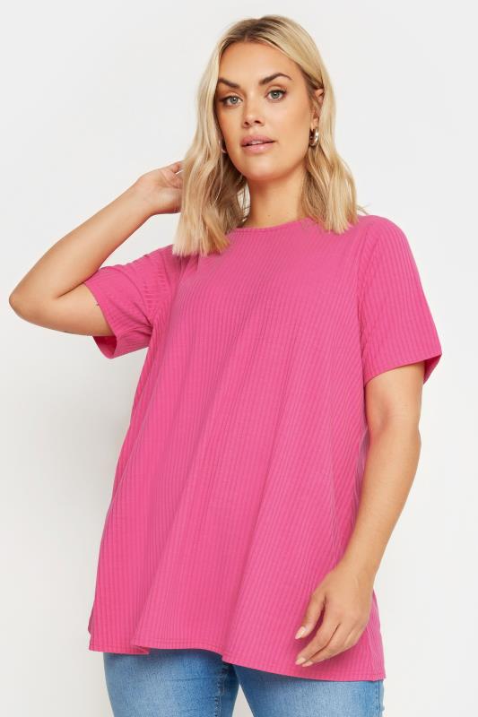 YOURS Plus Size Pink Ribbed T-Shirt | Yours Clothing 1