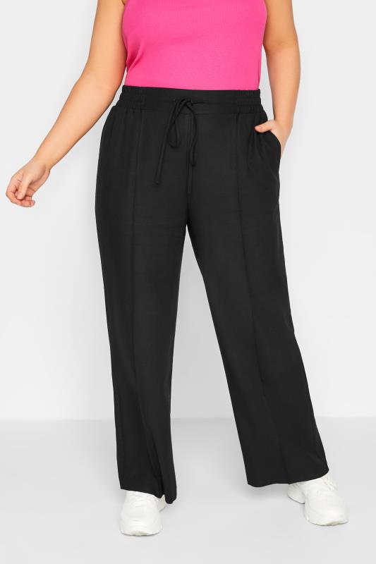 YOURS Curve Plus Size Black Wide Leg Linen Look Trousers | Yours Clothing  1