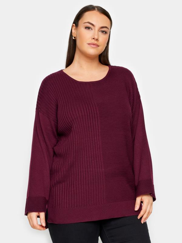 Plus Size  Evans Purple Contrast Stitch Knitted Jumper