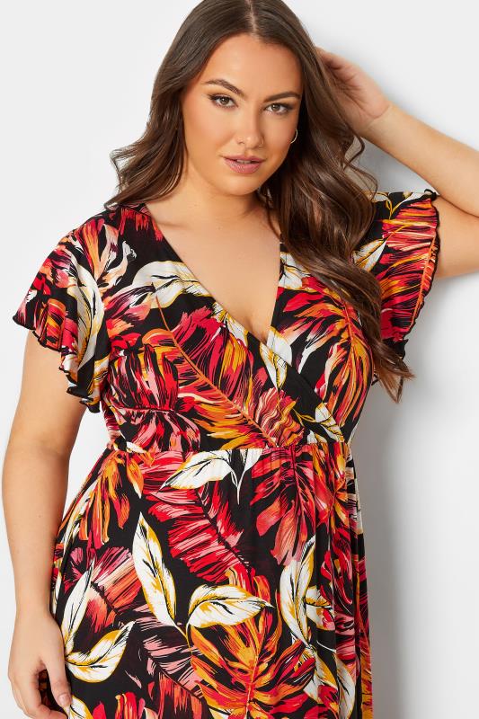 YOURS Plus Size Black & Orange Leaf Print Frill Sleeve Wrap Maxi Dress | Yours Clothing 4