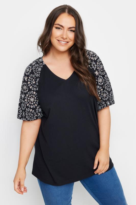 YOURS Plus Size Black Broderie Anglaise Sleeve T-Shirt | Yours Clothing 1