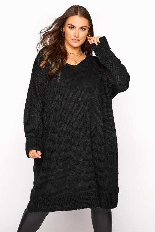 Plus Size Curve Black Drop Sleeve Knitted Jumper Dress | Yours Clothing 2