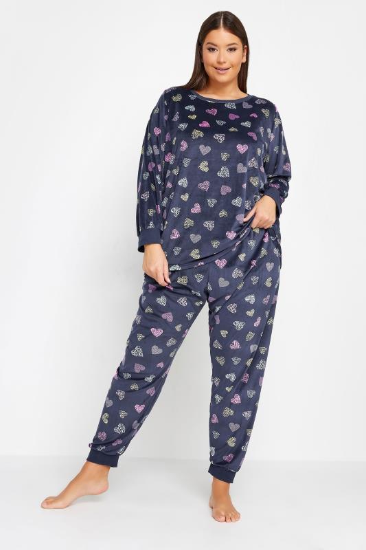 YOURS Plus Size Blue Heart Print Velour Lounge Set | Yours Clothing 2